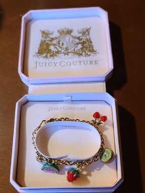 Juicy Couture Gold Tone Fruit Charm Bracelet with Red, Green & Pink Accents
